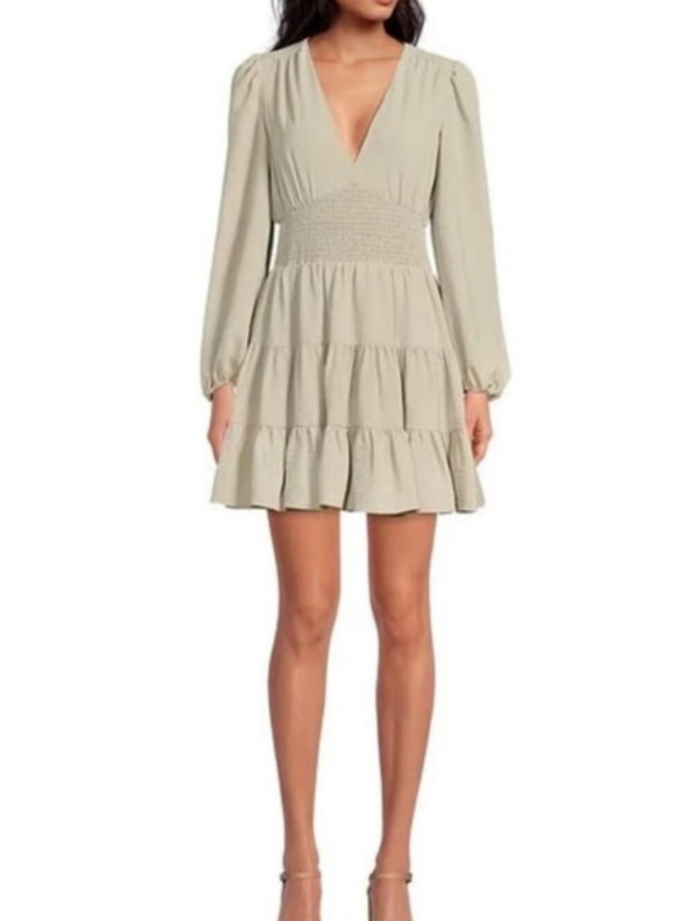 Gianni Bini . Talia V NeckSmocked Waist Tiered HemDress Pale Moss Green Small